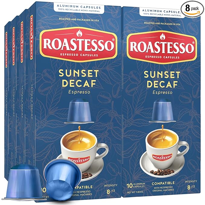 Roastesso Aluminum Espresso Capsules Sunset Decaf Decaffeinated Pods Compatible with Nespresso Original Machines Mild Roast Intensity 8 Recyclable Coffee Capsules Packed in USA (80 Count)