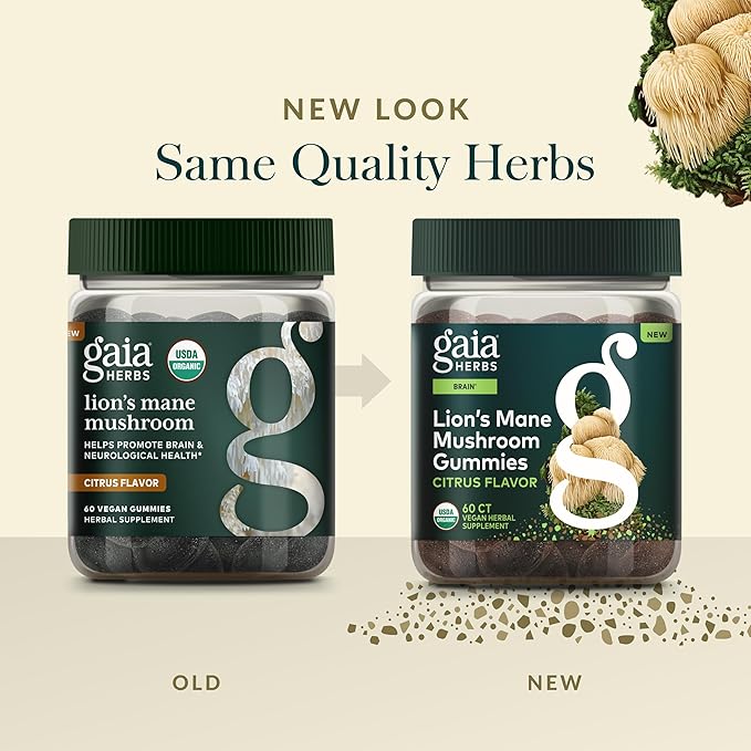 Gaia Herbs Lion's Mane Mushroom Gummies - Brain Support Supplement* - Made with Organic Lion's Mane Mushrooms - Free from Gluten Soy &amp Dairy - 60 Vegan Gummies (30 Servings)