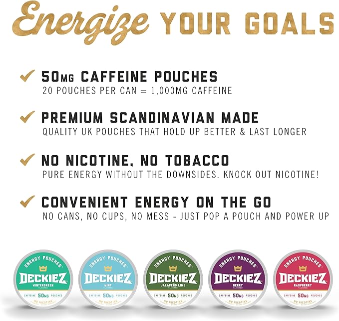 Deckiez Energy Pouches 5 Cans (100 Pouches) Sugar Free Caffeine Supplement Coffee Pouches &amp Energy Drink Alternative 50mg Caffeine Pouches Mint Flavor