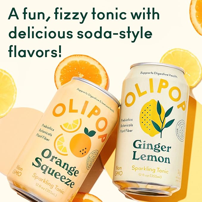 OLIPOP - Summer Fun Variety Pack Orange Squeeze &amp Lemon Ginger Healthy Soda Variety Pack Prebiotic Soft Drink Supports Digestive Health High Fiber Low Calorie Low Sugar (12 oz 12-Pack)