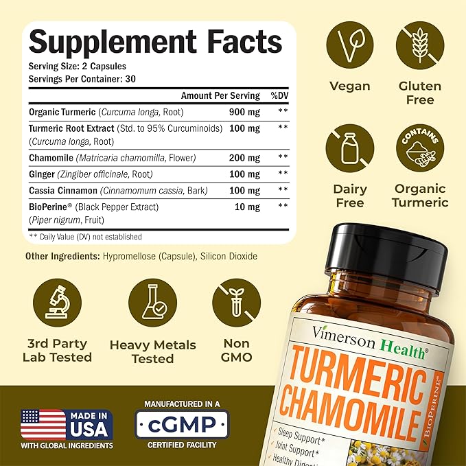 Turmeric Supplement &amp Chamomile Capsules for Sleep - Organic Turmeric Sleep Supplement with Chamomile Flowers Extract (Manzanilla) - Relaxation &amp Stress Support - Joint &amp Digestive Health.