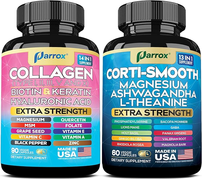 Shining Serenity Set – 27-in-1 Cortisol &amp Collagen Support Supplement Bundle for Calm Skin Hair Nails &amp Daily Vitality – with Ashwagandha L-Theanine Collagen Types I–V Biotin