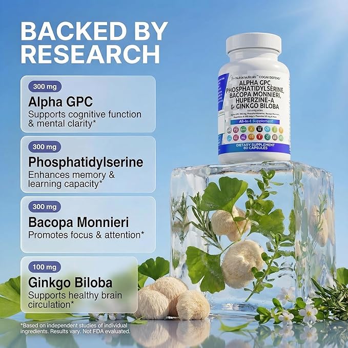 Brain Supplement Alpha GPC 300mg Phosphatidylserine Bacopa Monnieri Ginkgo Biloba Lions Mane Huperzine A L-Theanine NAC Nootropic Memory Focus Cognitive Support Vitamins B C D E 60 Capsules USA
