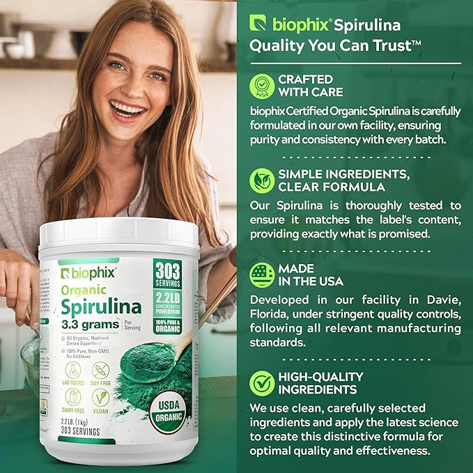 biophix Organic Spirulina Powder 2.2 Lbs 100% Pure Spirulina Blue Green Algae Powder Vegan Non GMO Non-Irradiated USDA Certified Best Protein Superfood