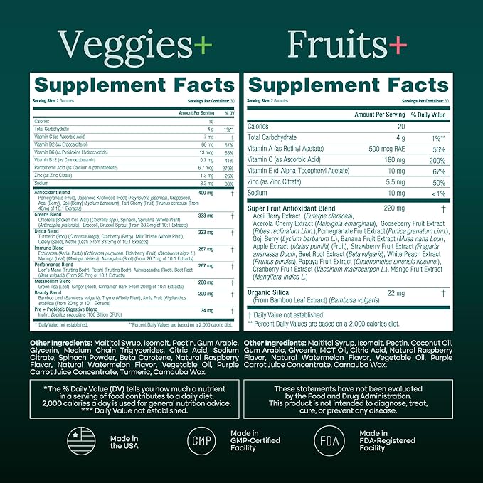 Everyday Debloat &amp Detox Sugar-Free Fruits and Veggies Gummies - Energy Support with Superfood Fruit and VegetableSupplement (120 Chews) Cruelty-Free Vegan Gluten-Free Fruit and Vegetable Vitam