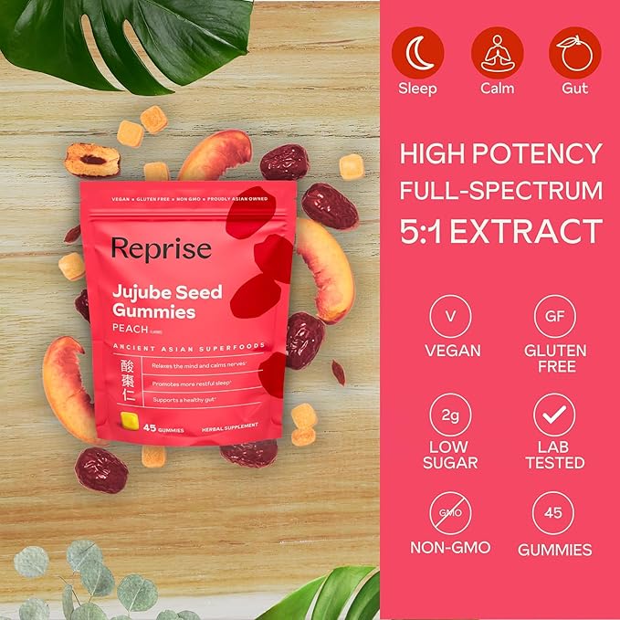 Jujube Seeds in Daily Gummies 300 mg Full-Spectrum Jujube Seeds Supports Relaxation &amp Restful Sleep 100% Plant Based Vegan &amp Gelatin Free Peach Flavored 45 Gummies