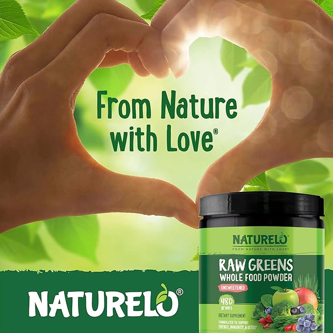 NATURELO Raw Greens Superfood Powder - Unsweetened - Boost Energy Detox Enhance Health - Organic Spirulina - Wheat Grass - Whole Food Nutrition from Fruits &amp Vegetables - 480 Grams