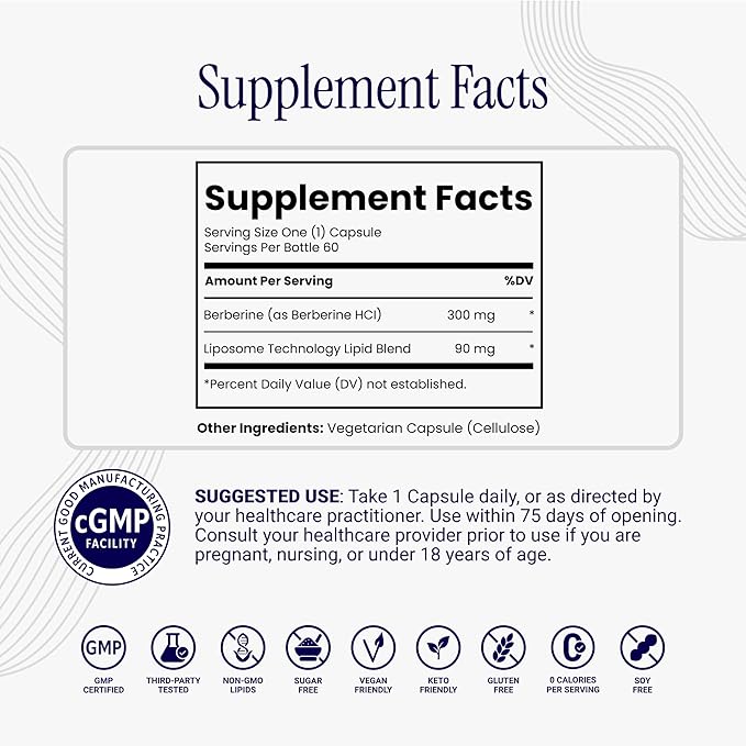 Rho Nutrition Liposomal Berberine Capsules - Ultra High Absorption Supplement – Supports Immune Function Gut Health and Metabolic and Cardiovascular Health (60 Capsules)