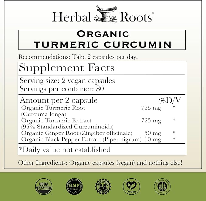 Herbal Roots - Turmeric Curcumin Capsules - Extra Strength - 1000mg Pure Organic Turmeric Supplement 95% Standardized Curcumin Extract with BioPerine Pepper and Ginger