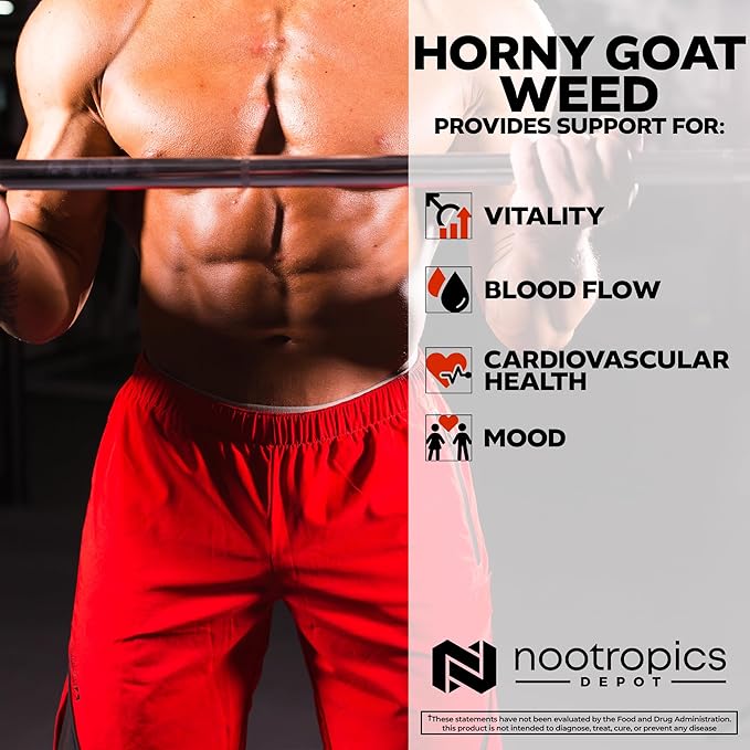 Nootropics Depot Horny Goat Weed Capsules | 200mg | 30 Count | Minimum 50% Icariin | Epimedium brevicornum