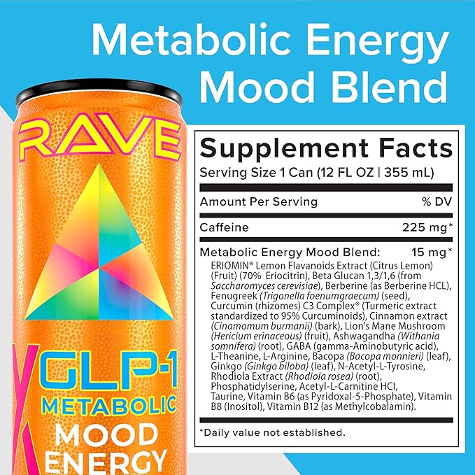 RAVE GLP-1 Metabolic Energy Drink Boosts GLP-1 Naturally. Suppress Appetite – Curb Cravings – Balance Blood Sugar &amp More. With Lemon Flavonoids Berberine Functional Mushrooms Nootropics &amp B