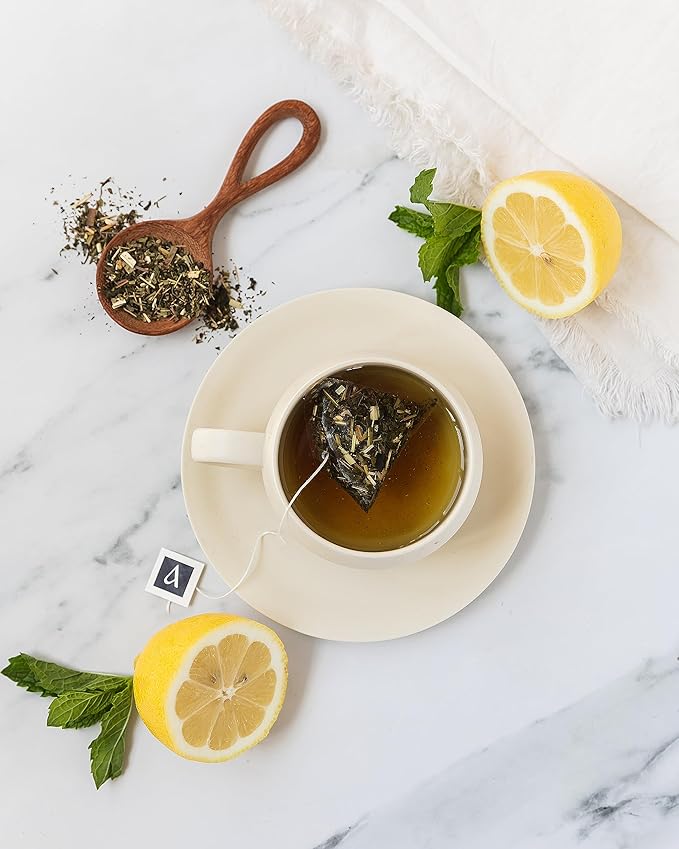 Arbata Lemon Mint Tea 24 Pyramid Tea Bags Artisanal Lightly Caffeinated Green Tea Spearmint &amp Lemon Herbal Green Tea Gift Set (Lemon Mint)
