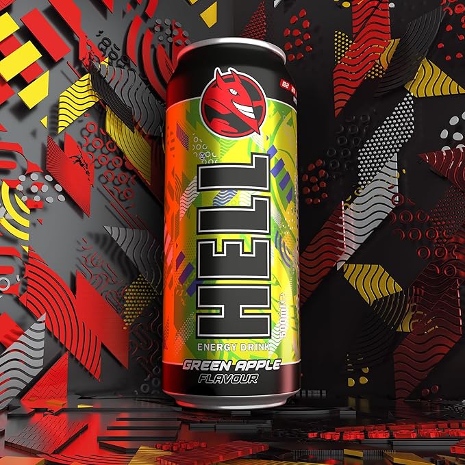 HELLGREEN APPLE Energy Drink | +20% More Caffeine | Vitamins B2 B3 B6 B12 C &amp D | No Preservatives | Environmentally Friendly Packaging | 12 x 500 ml | Compatible with HELL Energy