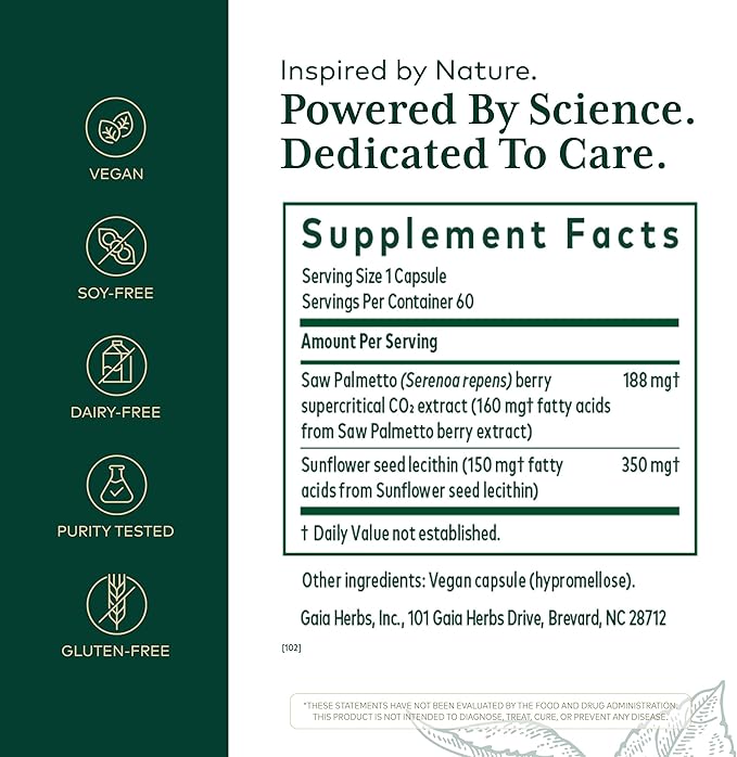 GAIA HERBS PRO Saw Palmetto PRO - Healthy Prostate Gland Support Supplement* - Herbal Supplement with Saw Palmetto &amp Sunflower Seed - Vegan Gluten-Free Soy-Free - 60 Liquid Phyto-Caps (60 Servin