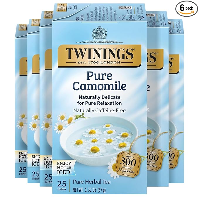 Twinings Pure Camomile Herbal Tea Individually Wrapped Bags 25 Count (Pack of 6) Calming &amp Delicate Naturally Caffeine-Free Enjoy Hot or Iced 150 Teabags