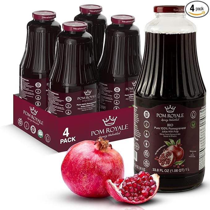Pure Pomegranate Juice with Pulp 33.8oz Glass Bottle (Pack of 4) Cold Pressed Juice Not from Concentrate Non-GMO No Sugar Added Gluten Free Kosher Certified Preservative Free