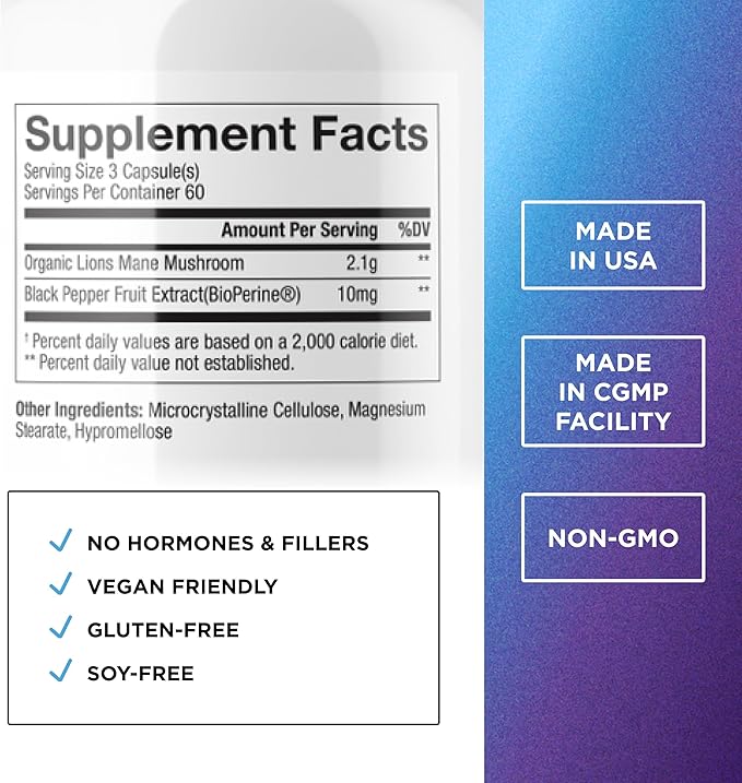 Organic Lions Mane Mushroom Supplement for Mental Clarity Focus &amp Immune Support - Organic Brain Boosting Nootropic Lions Mane Mushroom Capsules with 100% Organic Lions Mane Extract 60 Servings