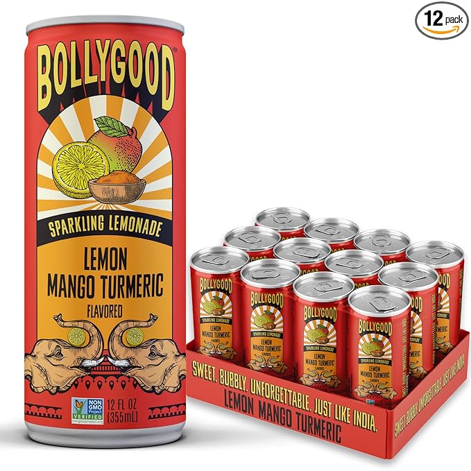 Bollygood Sparkling Lemonade Lemon Mango Turmeric Indian Inspired Beverage Nimbu Pani No Artifical Colors or Flavors Non-GMO Project Verified 12 FL OZ Cans (Pack of 12)