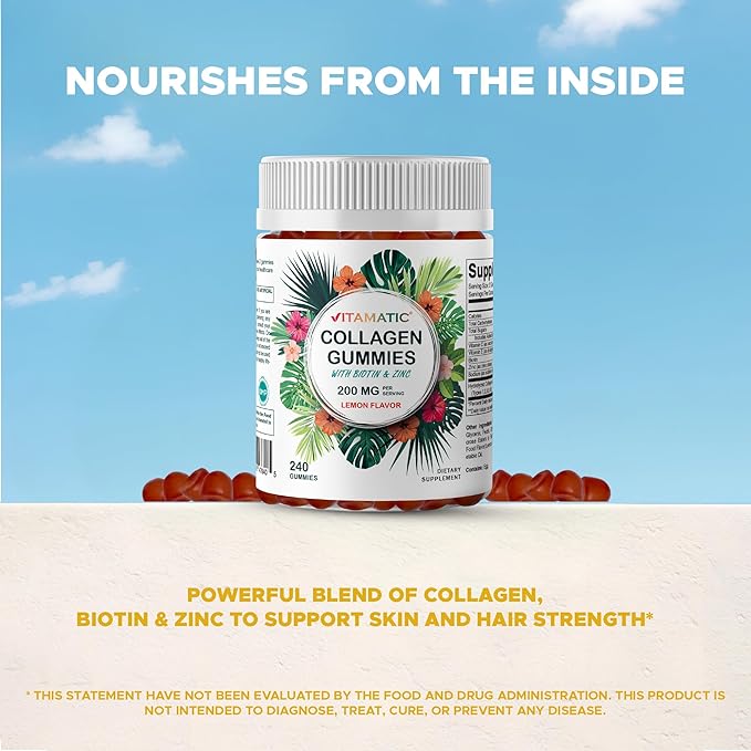 Vitamatic Hydrolyzed Collagen Gummies with Vitamin C Zinc and Biotin 200 mg - Healthy Skin Support - 240 Gummies