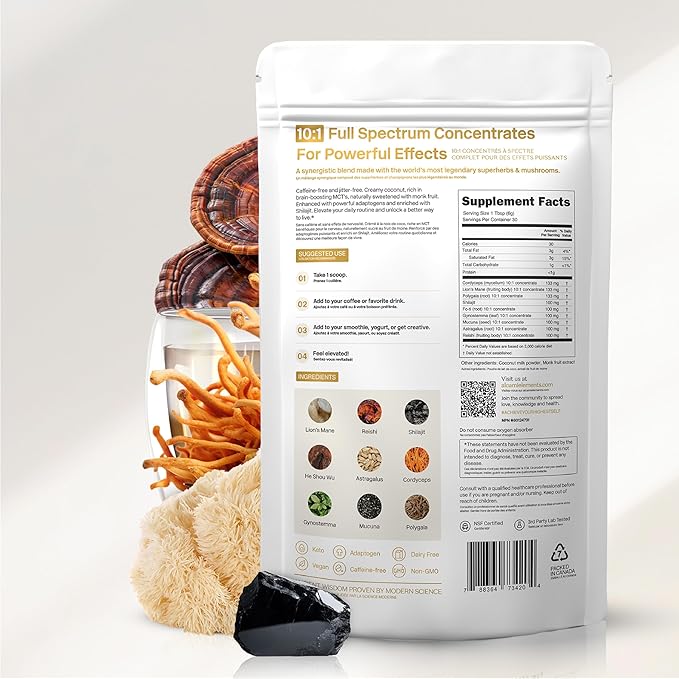 Mushroom Coffee Alternative Superfood Blend 10X Concentrated Extract with Lion’s Mane Reishi &amp Cordyceps Energy &amp Focus Support Premium Supplement Powder 30 Servings