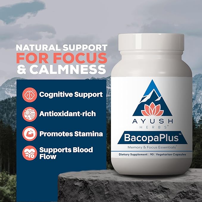 Ayush Herbs BacopaPlus - Bacopa Supplements Organic Bacopa for Memory &amp Focus Cognitive Support Pill for Adults with Ginkgo Gotu Kola Ashwagandha - 90 Vegetarian Capsules (1 Count)