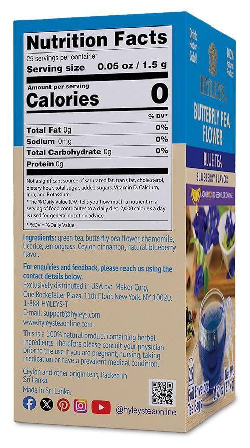 Hyleys Butterfly Pea Flower Tea – Blue Tea with Natural Blueberry Flavor – 25 Tea Bags – Green Tea Chamomile Cinnamon Lemongrass (12 Pack - 300 Tea Bags Total)