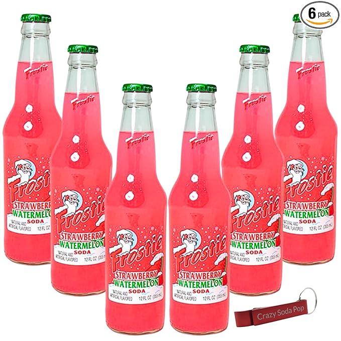 Frostie Strawberry Watermelon Soda | One of Frostie’s Popular Soda Flavors | Real Cane Sugar | Caffeine Free | 12 oz Glass Bottles with Crazy Soda Pop Bottle Opener (6 Pack)