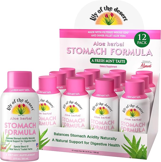 Lily of the Desert Stomach Formula Shot – Organic Aloe Vera Juice with FOS Prebiotic and a Proprietary Herbal Blend 2 Oz Each Pack of 12