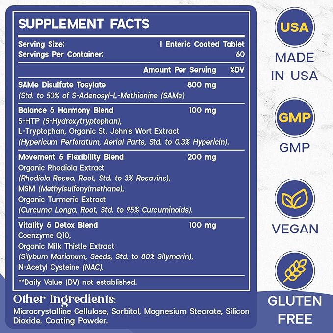 1200 MG SAM e Supplement for Brain Mood Joint and Liver High Absorption SAM-e (S-Adenosyl-L-Methionine) with CoQ10 5-HTP Enteric Coated 120 Tablets Vegan