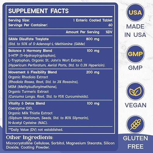 1200 MG SAM e Supplement for Brain Mood Joint and Liver High Absorption SAM-e (S-Adenosyl-L-Methionine) with CoQ10 5-HTP Enteric Coated 120 Tablets Vegan