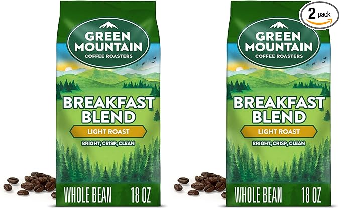 Green Mountain Coffee Roasters Breakfast Blend Whole Bean Coffee Bagged 18 oz (Pack of 2)