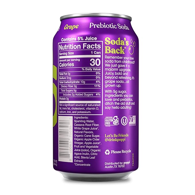 Poppi Sparkling Prebiotic Soda Beverage with Apple Cider Vinegar Seltzer Water and Fruit Juice Grape Flavor 12 Fl Oz Pack of 12 Packaging May Vary