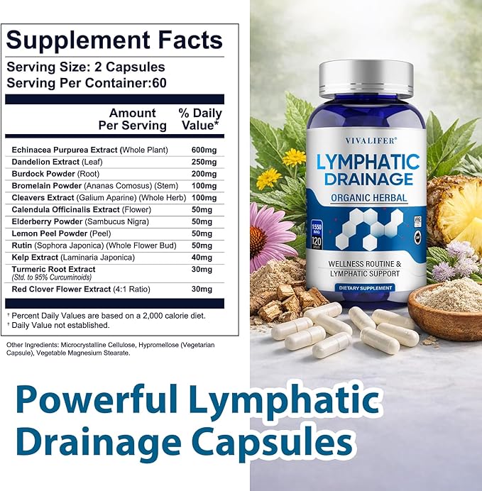 Lymphatic Drainage Supplement 1550mg - 120 Capsules Herbal Lymph Cleanse Formula with Echinacea Cleavers &amp Burdock Root - Promotes Fluid Balance Immune Health &amp Node Function