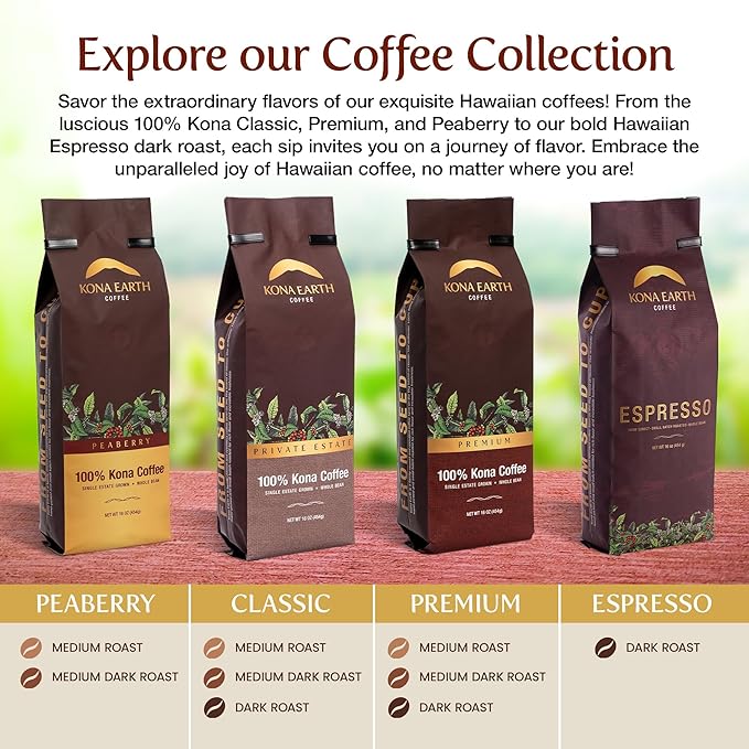 KONA EARTH 100% Kona Peaberry Coffee Medium Roast Whole Bean 1 lb (16oz) Farm-Direct Authentic Hawaiian Kona Coffee beans from Hawaii’s Big Island Micro-Batch-Roasted