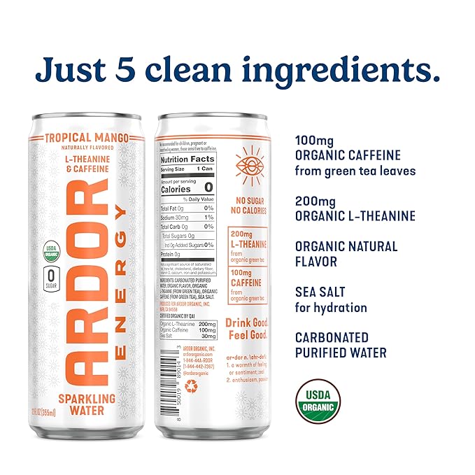 ARDOR ENERGY Sparkling Water with 100mg Natural Caffeine &amp 200mg L-Theanine from Organic Green Tea for Smooth Energy &amp Focus | Healthy Energy Drink | No Sugar Zero Calories Vegan Gluten-Fre