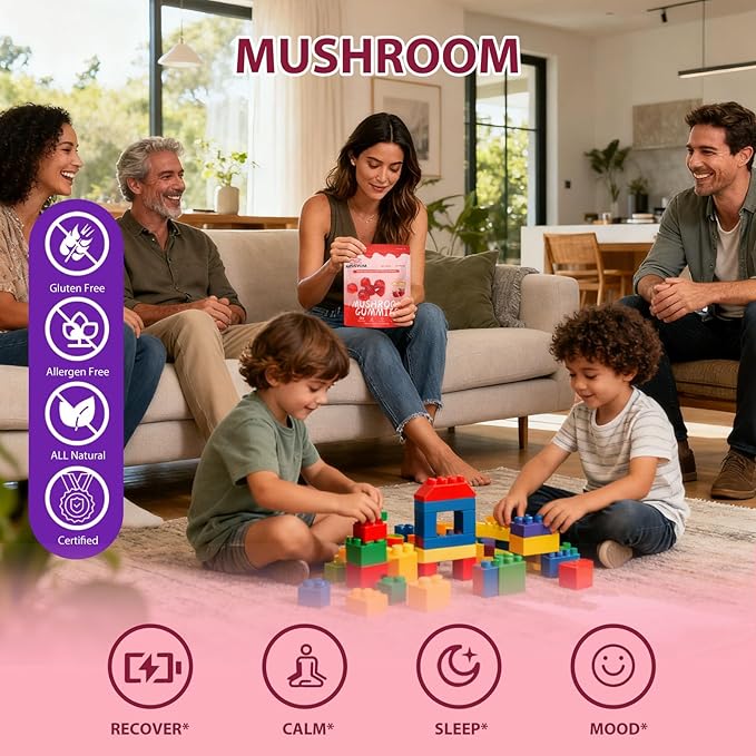 Mushroom Gummies 10-in-1 Adaptogenic Blend Vegan Strawberry 60 Count | with Lion's Mane Reishi Chaga Shiitake &amp More