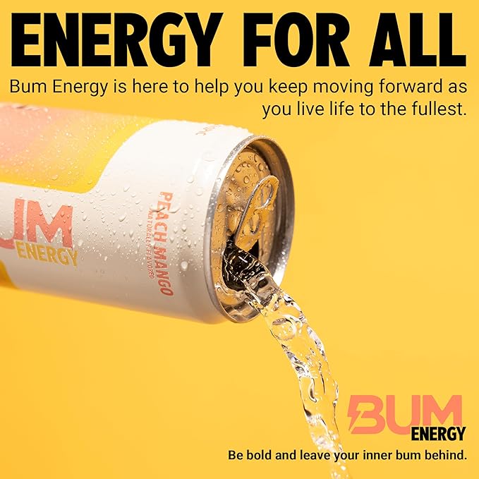 BUM Sugar-Free Energy Drink Peach Mango - Lightly Carbonated &amp No Artificial Colors Natural Caffeine &amp Citicoline for Energy &amp Focus Brain Boost &amp Workout Sports Beverage - 12 oz P