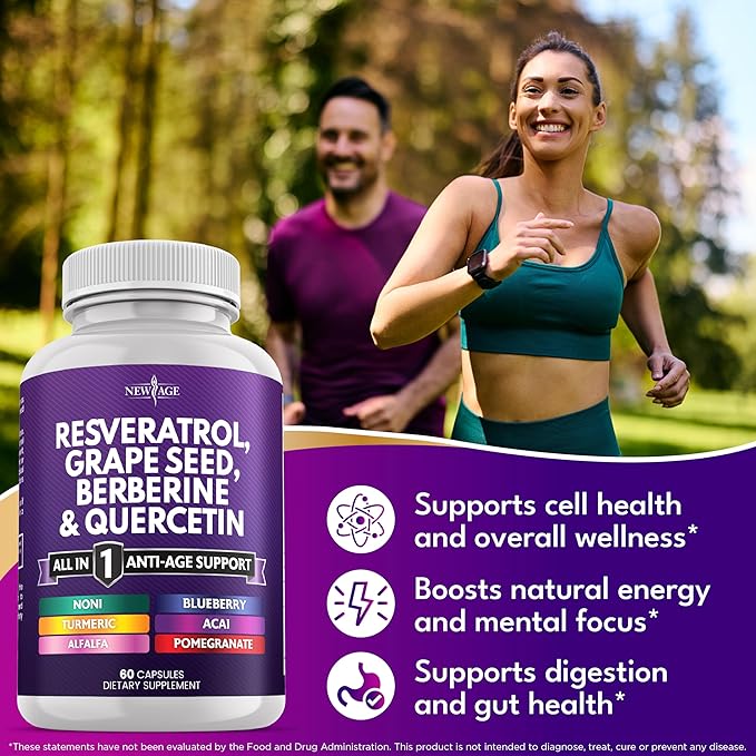 NEW AGE Resveratrol Berberine Grape Seed Extract Quercetin - Polyphenol Supplement for Women and Men with Noni N-Acetyl Cysteine Acai - 60 Capsules