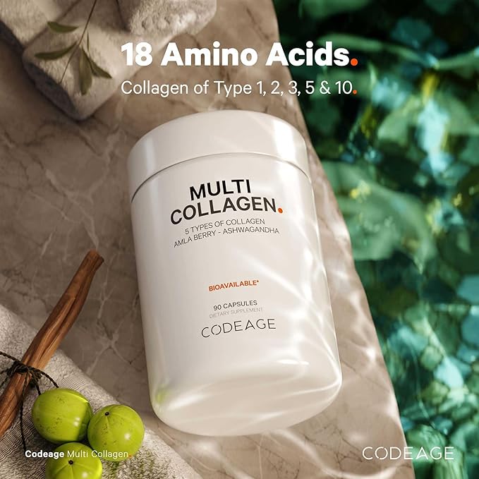 Codeage Multi Collagen Peptides Protein Capsules 5 Collagen Types Grass-Fed &amp Hydrolyzed Bovine Collagen Pills Supplement Ashwagandha Amla Berry Vitamins Collagen Peptides - 90 Capsules