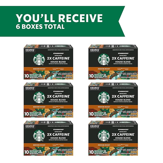 Starbucks K-Cup Coffee Pods Medium Roast Coffee With 2X Caffeine House Blend For Keurig Coffee Makers 100% Arabica 6 Boxes (60 Pods Total)