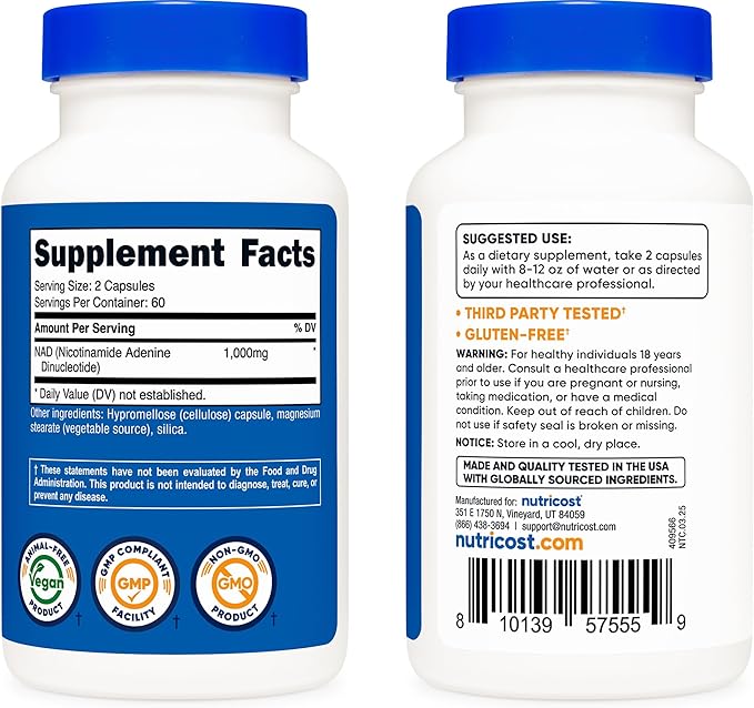 Nutricost NAD+ Supplement 1000mg per Serving120 Capsules (Nicotinamide Adenine Dinucleotide) - 60 Servings Gluten-Free Vegan (Pack of 2)