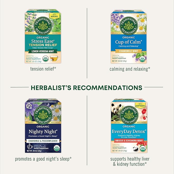 Traditional Medicinals Organic Stress Ease Calm with Adaptogens Ashwagandha &amp Honeybush - Promotes Relaxation - Kosher Non-GMO Caffeine-Free Compostable - 96 Tea Bags (6 Packs of 16)