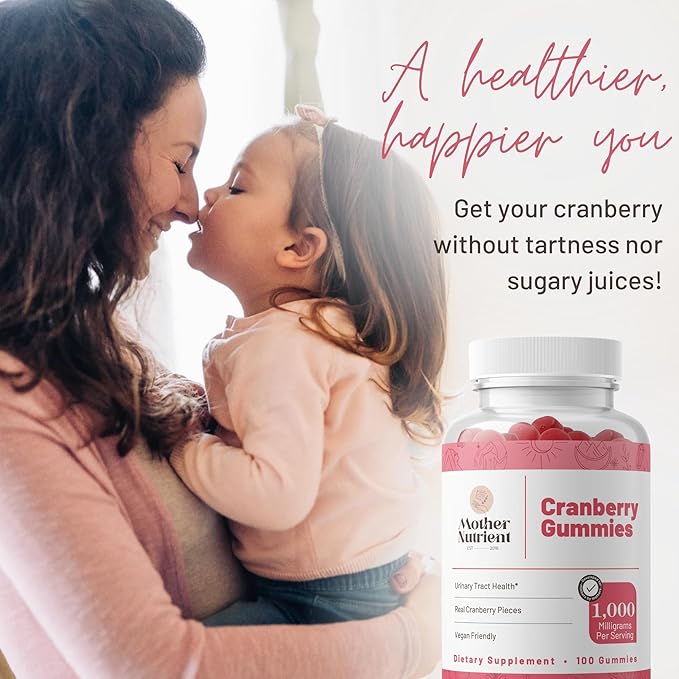 Mother Nutrient Cranberry Gummies Supplement for Women &amp Kids- Urinary Tract Health- Less Tart &amp 90% Less Sweet Gluten-Free Non-GMO Vegan - Pure Cranberry Extract 1000mg - 100 Count.