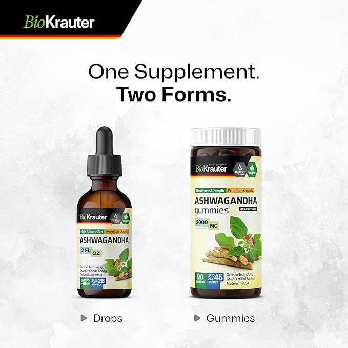 BIO KRAUTER® Ashwagandha Supplements - Liquid Drops Pure Vegan Ashwagandha for Women &amp Men 685 mg per Serving 2 Fl.Oz 28-Day Supply - Used for Mood Magic &amp Relaxation Support - Alcohol &amp S