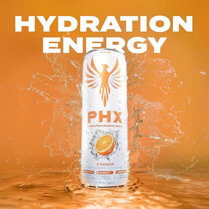 PHX Hydration Energy Drink - 700mg Electrolytes 200mg Natural Green Tea Caffeine 100% Daily Value 8 Essential Vitamins - 12 oz Cans (12 Pack) (12 Pack Orange)