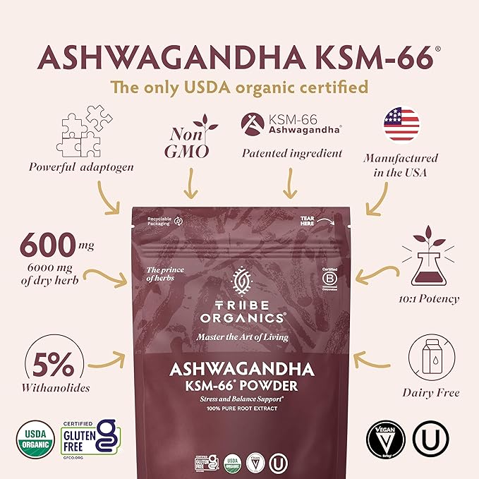 TRIBE ORGANICS KSM-66 Ashwagandha Root Extract Powder Ayurvedic Herb for Mood Support | Increase Energy | Strength - Organic | Natural | Gluten Free | Non GMO | Full-Spectrum - 100g Pouch