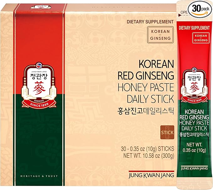 JUNG KWAN JANG Korean Red Ginseng Honey Paste Daily Stick | Poria Mushroom Rehmannia Extract Hong Sam Jin Go Daily | Natural Energy Booster for Men &amp Women Pre Workout | 30 Count