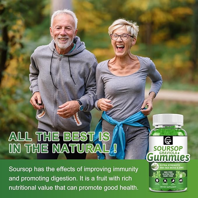 Organic Soursop Graviola Gummies - 2200mg Extra Strength Soursop Leaves Extract w/Sea Moss Extract 200mg Zinc &amp Vitamin C - Supports Immunity Liver Zzz &amp Antioxidant Gluten Free Vegan 60