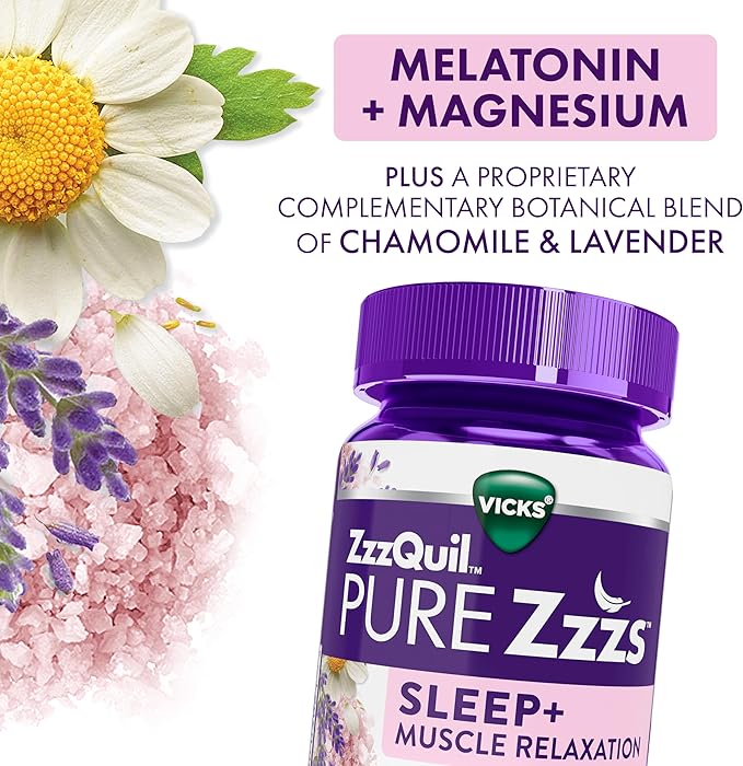 ZzzQuil Pure Zzzs Muscle Relaxation Melatonin Sleep Aid Gummies Supports Muscle Function Helps You Fall Asleep Naturally Fast Melatonin + Magnesium No Next-Day Grogginess Drug-Free 60ct