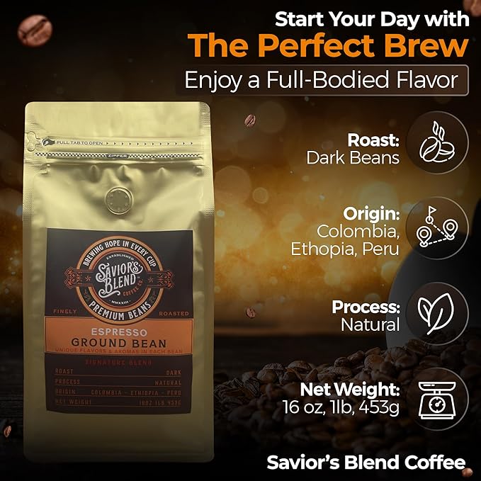 Savior's Blend Coffee Premium Espresso Ground Coffee Dark Roast Colombian-Ethiopian-Peruvian Blend 16 oz
